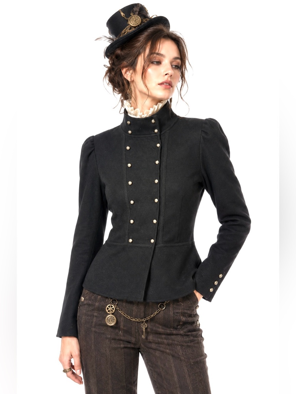 Military Band Napoleon Double Breasted Knit Jacket Puff SleevePeplum Steampunk
